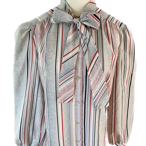 Vintage Devon striped neck bow secretary blouse red gray white size large L - Picture 9 of 9